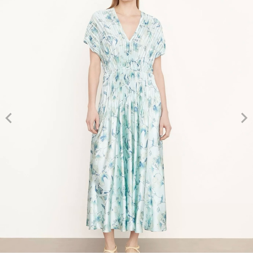 Vince Light Blue Crushed Cap Sleeve Floral V-Neck Maxi Dress Small Lagoon